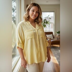 SOFT Surroundings Banana Yellow Seersucker Organic Cotton Roll Tab Sleeves 3X